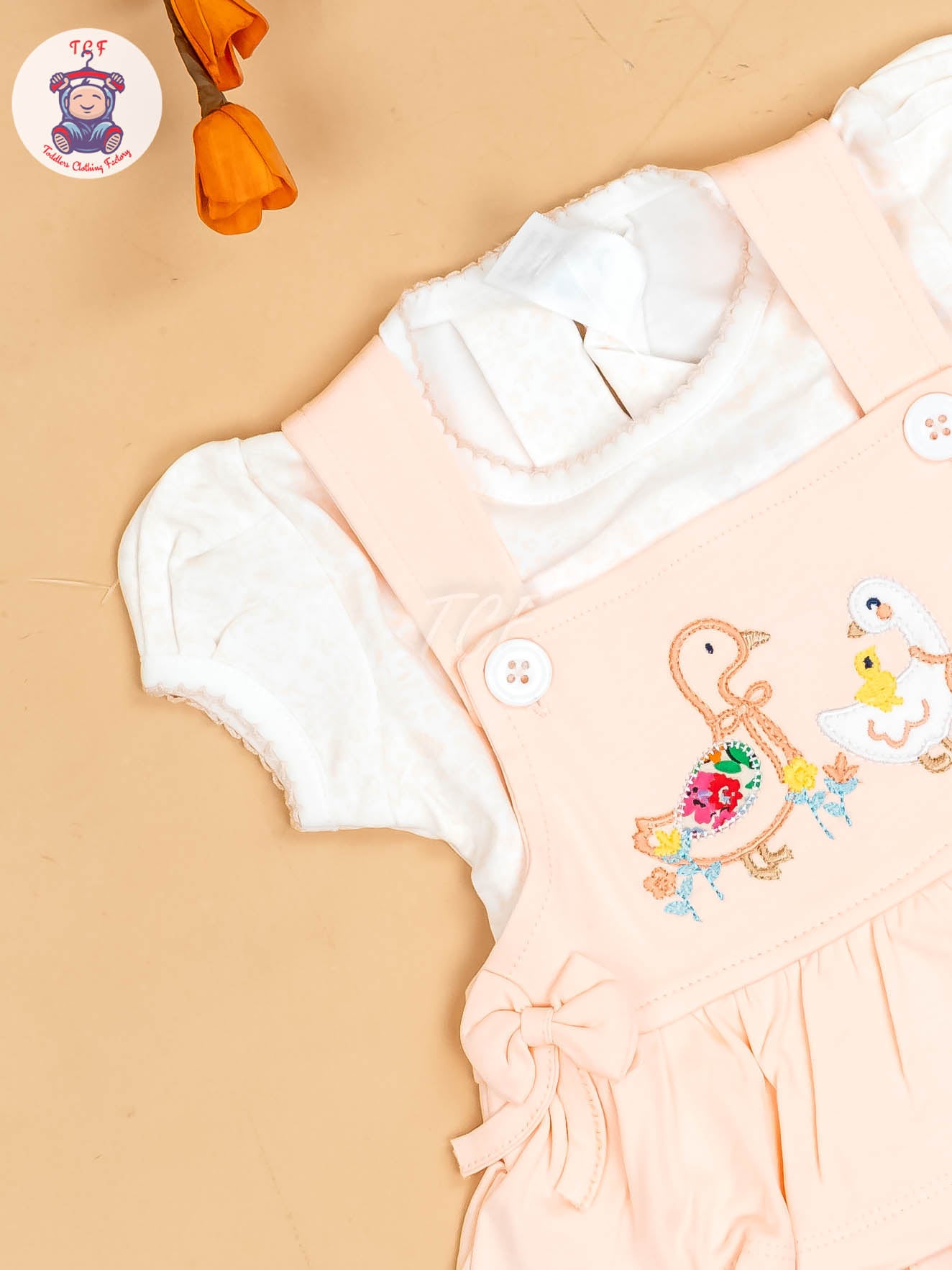 Peach & Half White - Girls Printed Casual Frocks