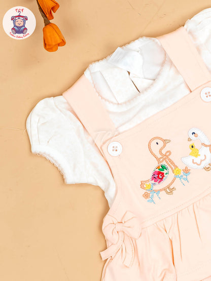Peach & Half White - Girls Printed Casual Frocks