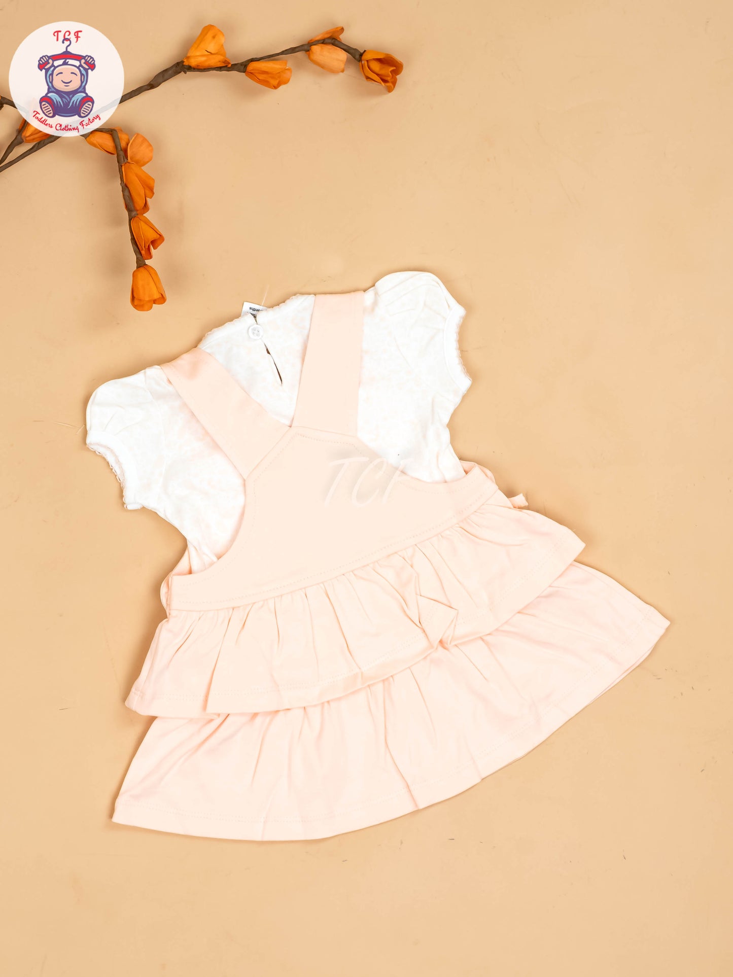 Peach & Half White - Girls Printed Casual Frocks