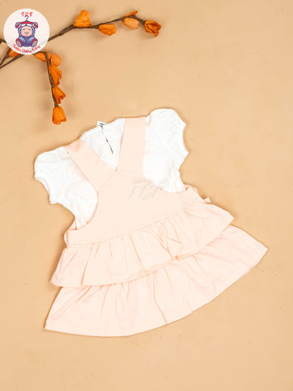 Peach & Half White - Girls Printed Casual Frocks