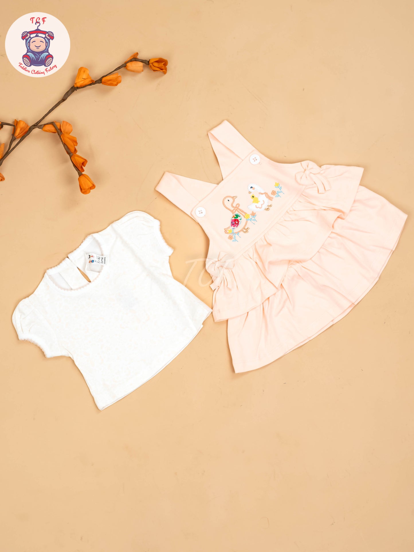 Peach & Half White - Girls Printed Casual Frocks