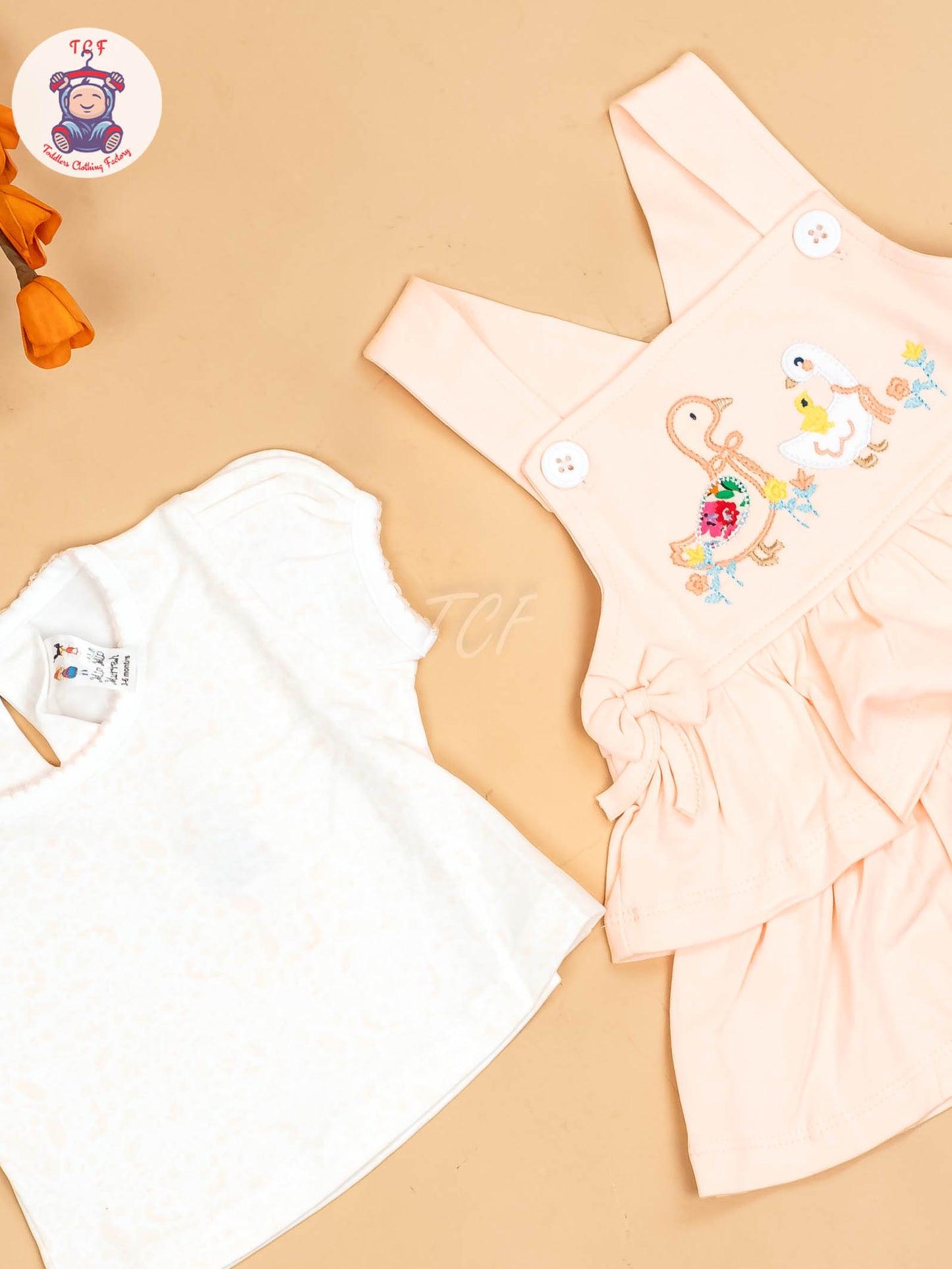 Peach & Half White - Girls Printed Casual Frocks