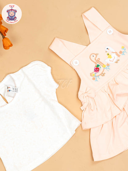 Peach & Half White - Girls Printed Casual Frocks