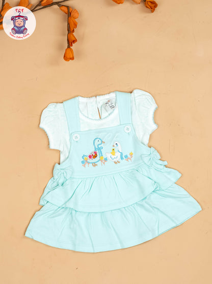 Light Green & Half White - Girls Printed Casual Frocks