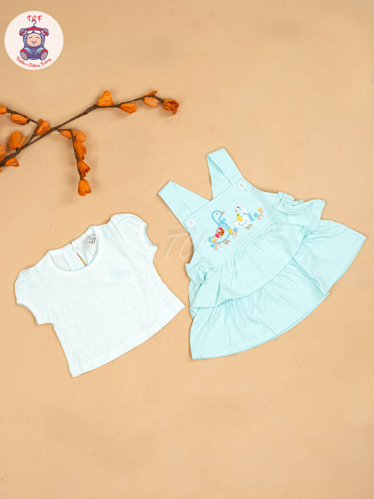 Light Green & Half White - Girls Printed Casual Frocks