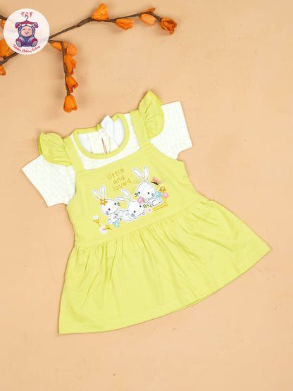 Green & Half White - Girls Printed Casual Frocks
