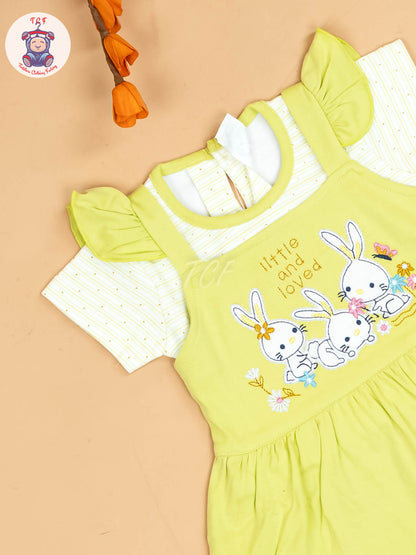 Green & Half White - Girls Printed Casual Frocks