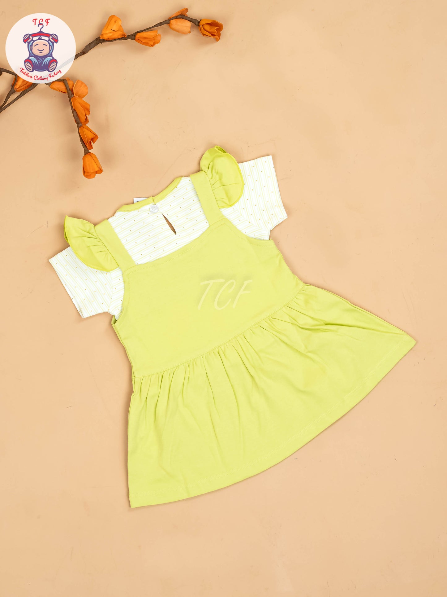 Green & Half White - Girls Printed Casual Frocks