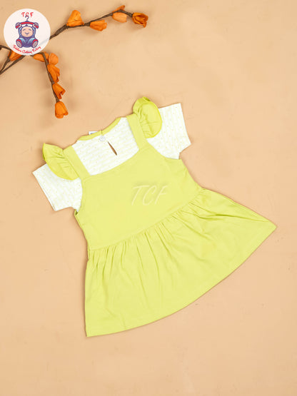 Green & Half White - Girls Printed Casual Frocks