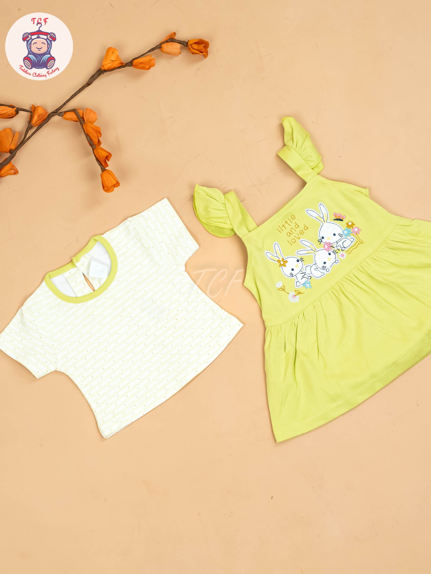 Green & Half White - Girls Printed Casual Frocks