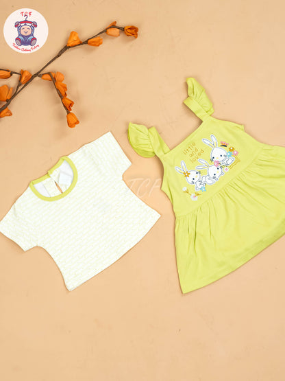 Green & Half White - Girls Printed Casual Frocks