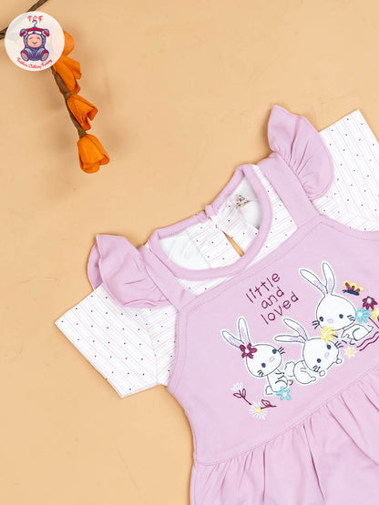 Purple & Half White - Girls Printed Casual Frocks