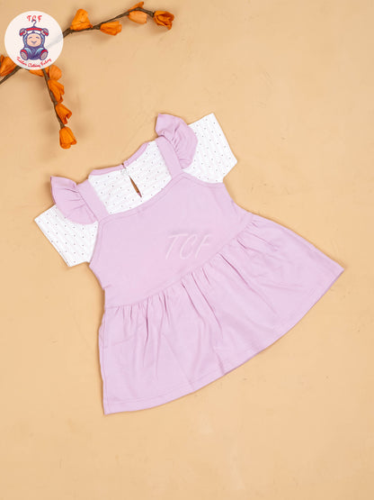 Purple & Half White - Girls Printed Casual Frocks