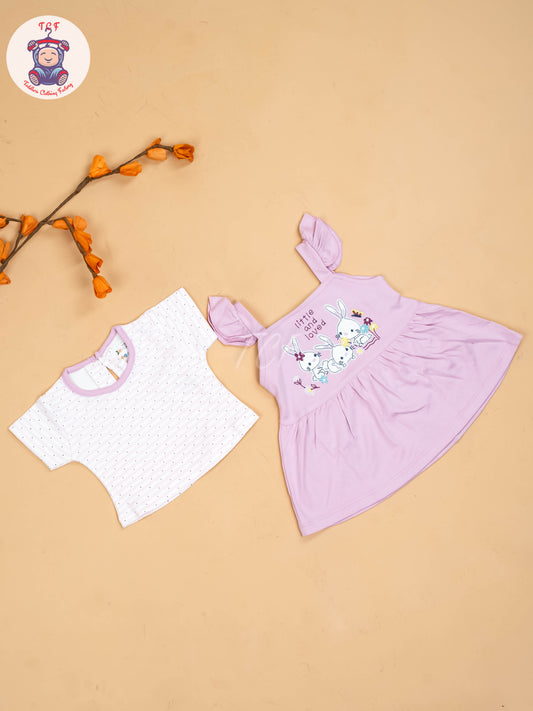 Purple & Half White - Girls Printed Casual Frocks