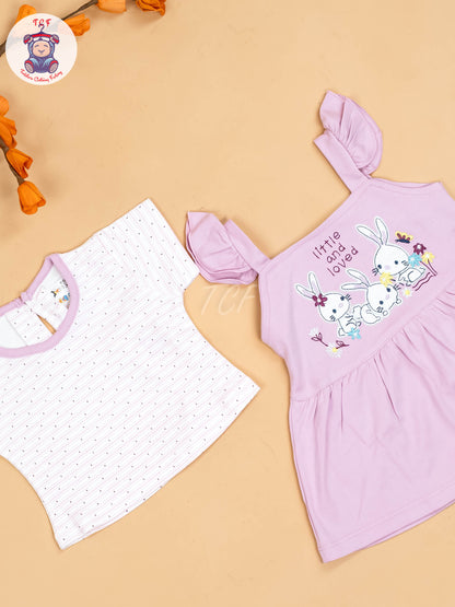 Purple & Half White - Girls Printed Casual Frocks
