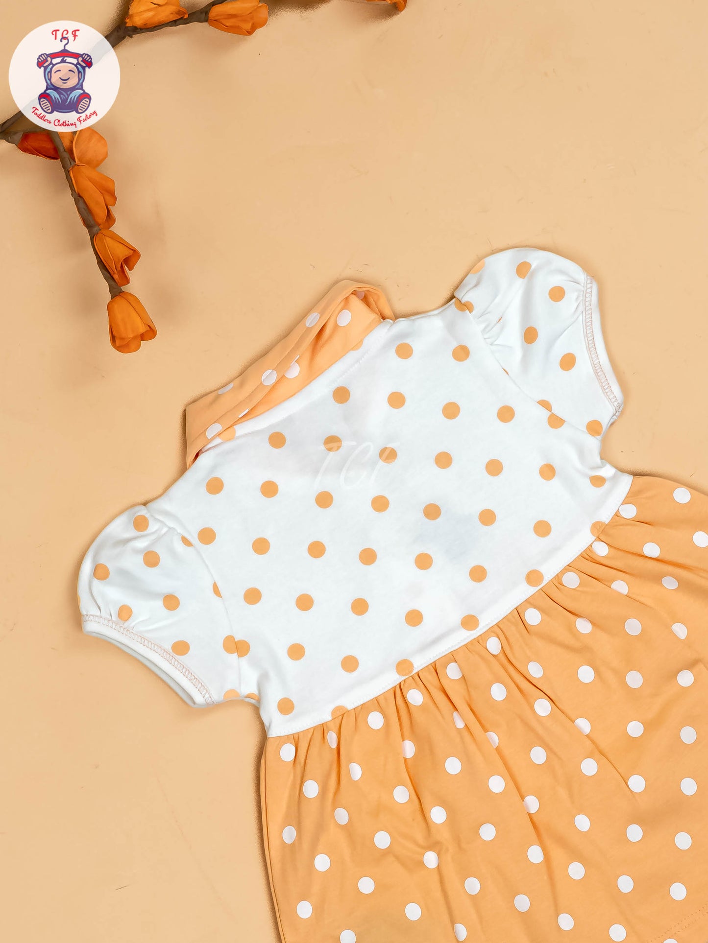 Orange & Half White - Girls Printed Casual Frocks