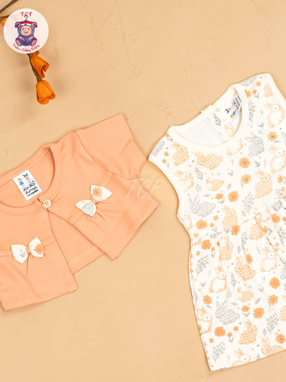 Peach & Half White - Girls Printed Ethnic Frocks