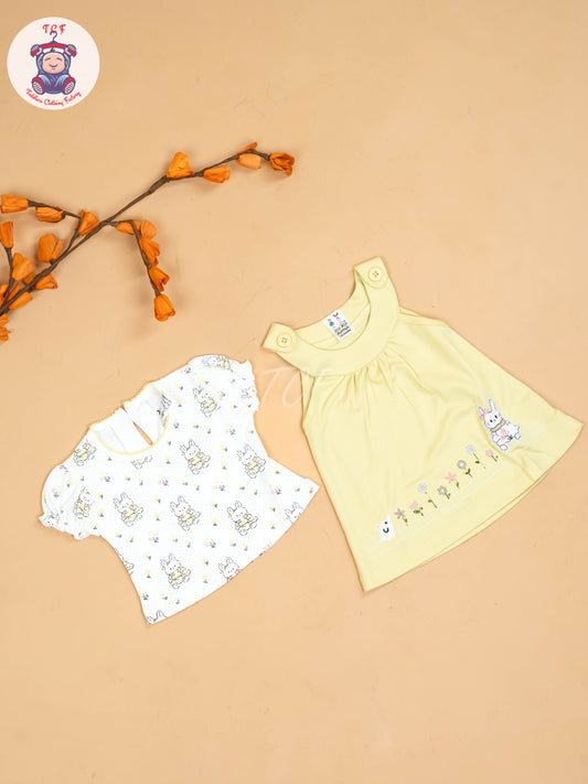 Yellow & Half White - Girls Printed Ethnic Frocks