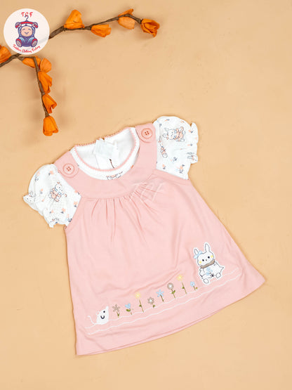 Onion Pink & Half White - Girls Printed Ethnic Frocks