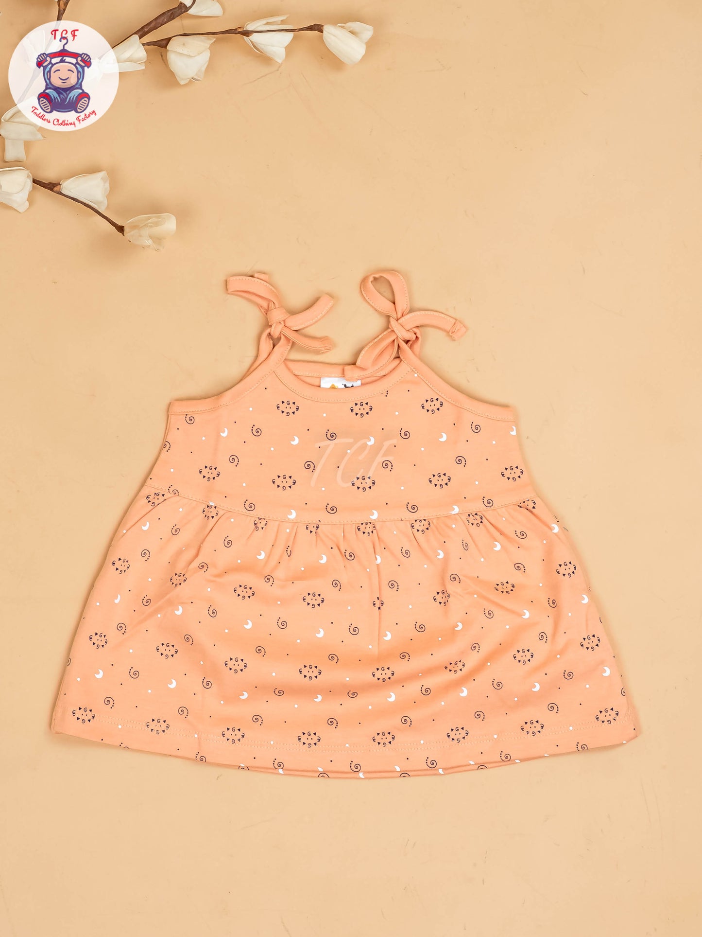 Peach -Girls Printed Ethnic Knot Frocks