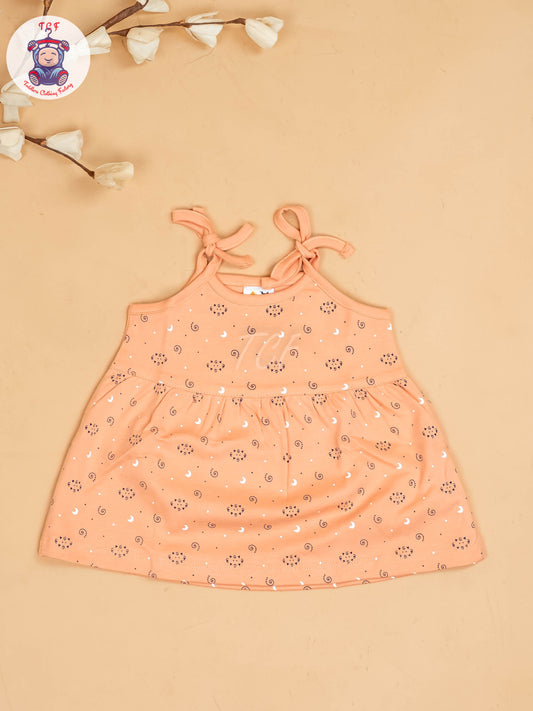 Peach -Girls Printed Ethnic Knot Frocks