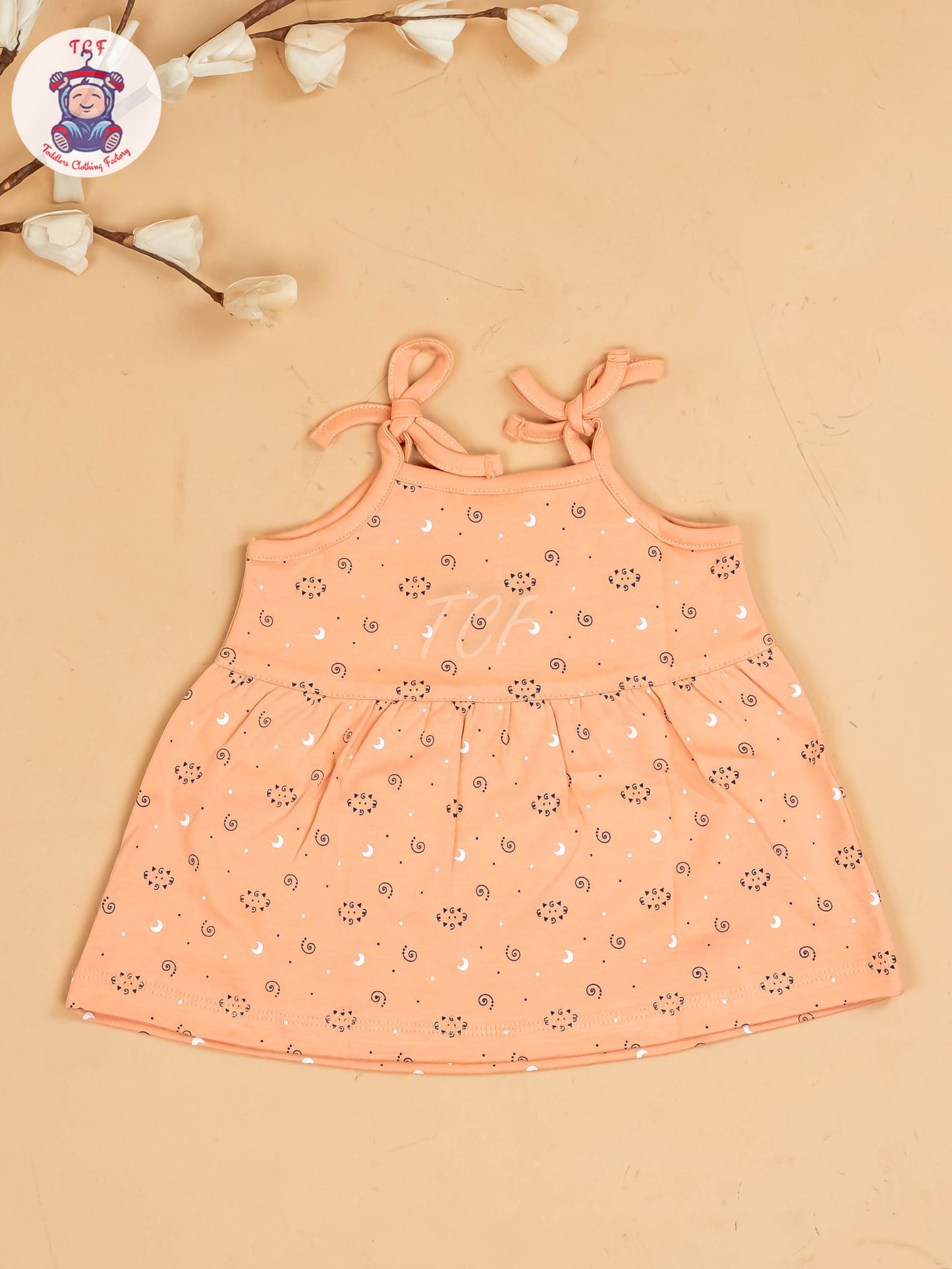 Peach -Girls Printed Ethnic Knot Frocks