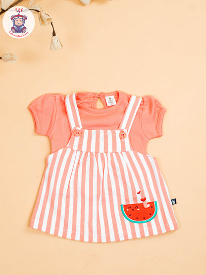 Peach & White - Girls Stripes Printed Frocks