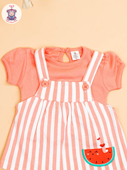 Peach & White - Girls Stripes Printed Frocks