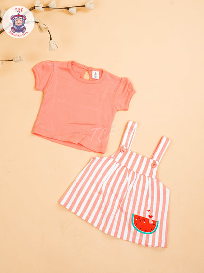 Peach & White - Girls Stripes Printed Frocks