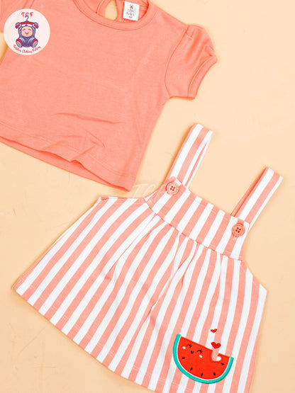 Peach & White - Girls Stripes Printed Frocks