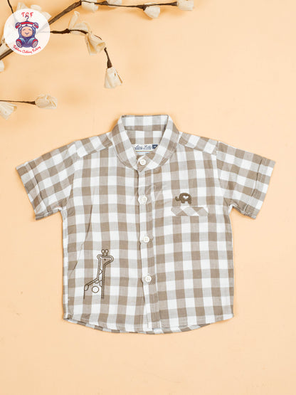 Grey & Beige - Boys Checks Printed Shirts & Shorts