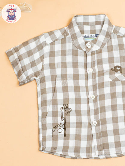 Grey & Beige - Boys Checks Printed Shirts & Shorts