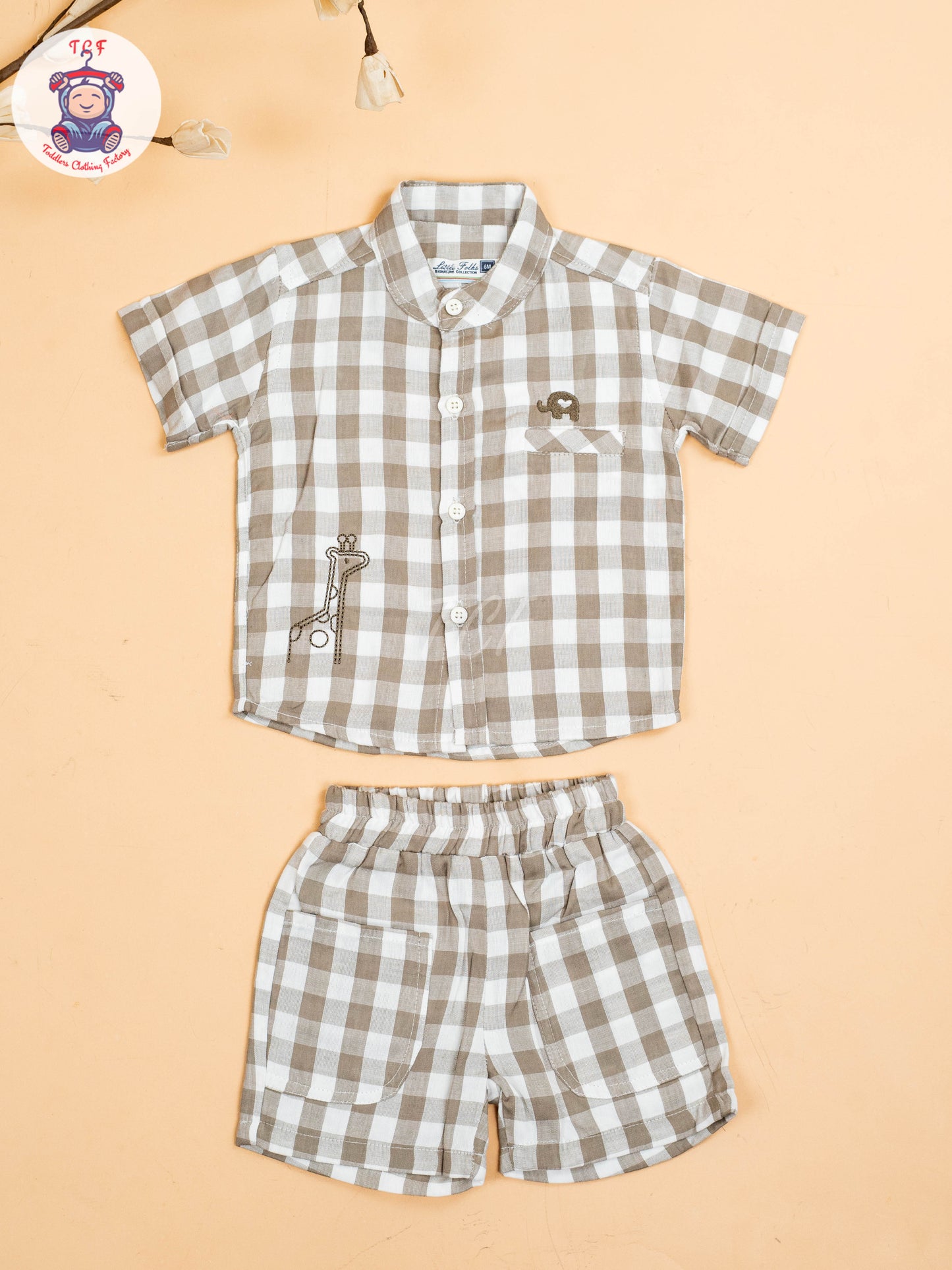 Grey & Beige - Boys Checks Printed Shirts & Shorts