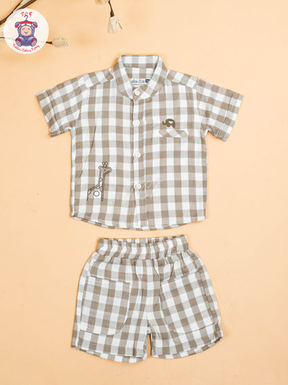 Grey & Beige - Boys Checks Printed Shirts & Shorts
