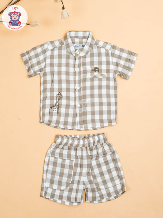 Grey & Beige - Boys Checks Printed Shirts & Shorts