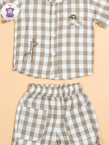 Grey & Beige - Boys Checks Printed Shirts & Shorts