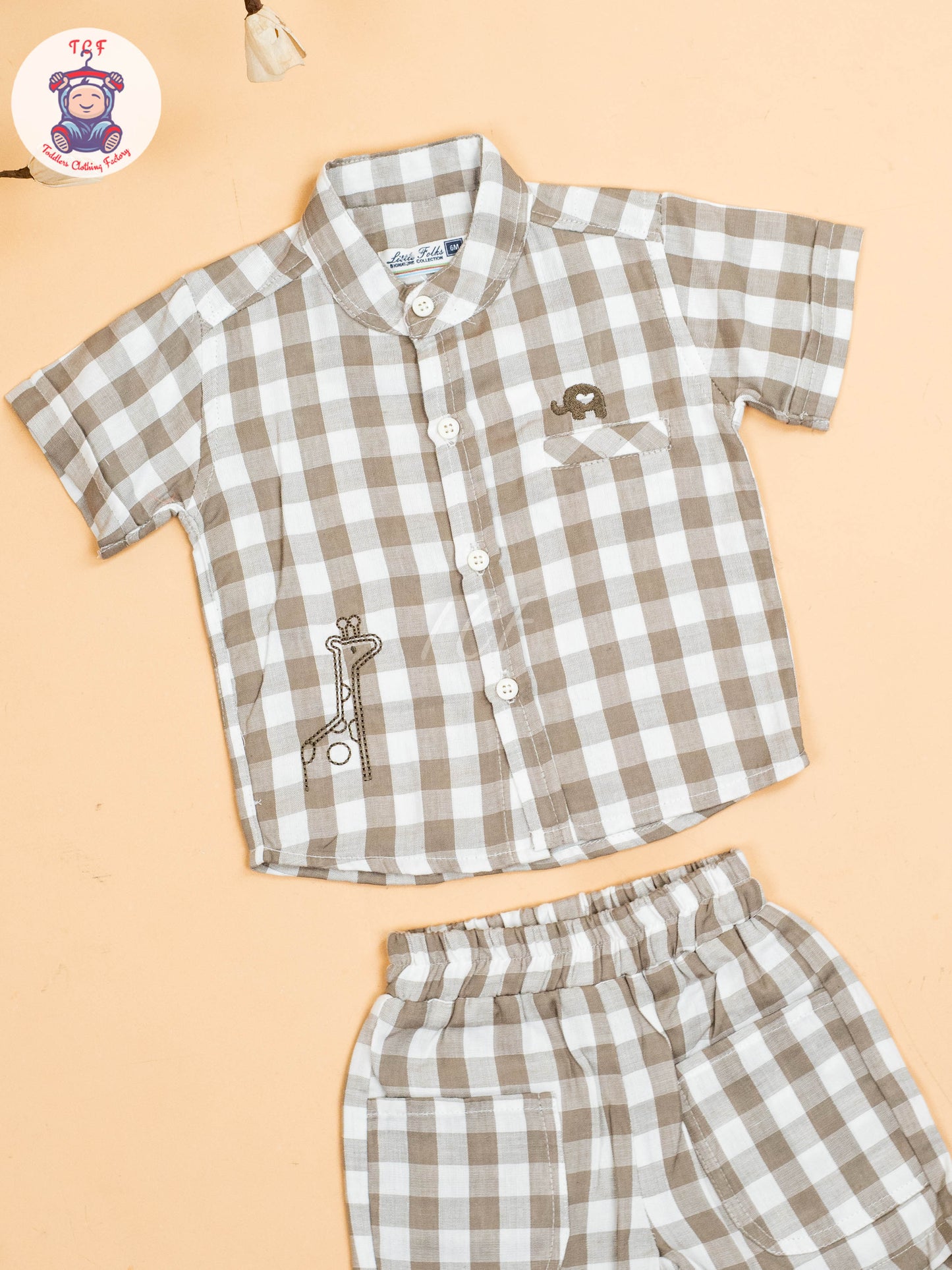 Grey & Beige - Boys Checks Printed Shirts & Shorts