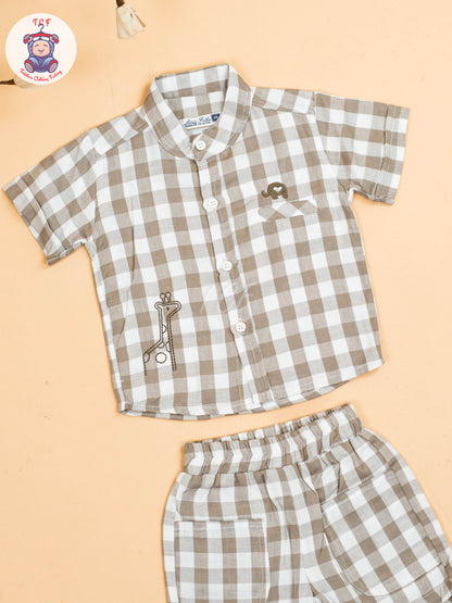 Grey & Beige - Boys Checks Printed Shirts & Shorts