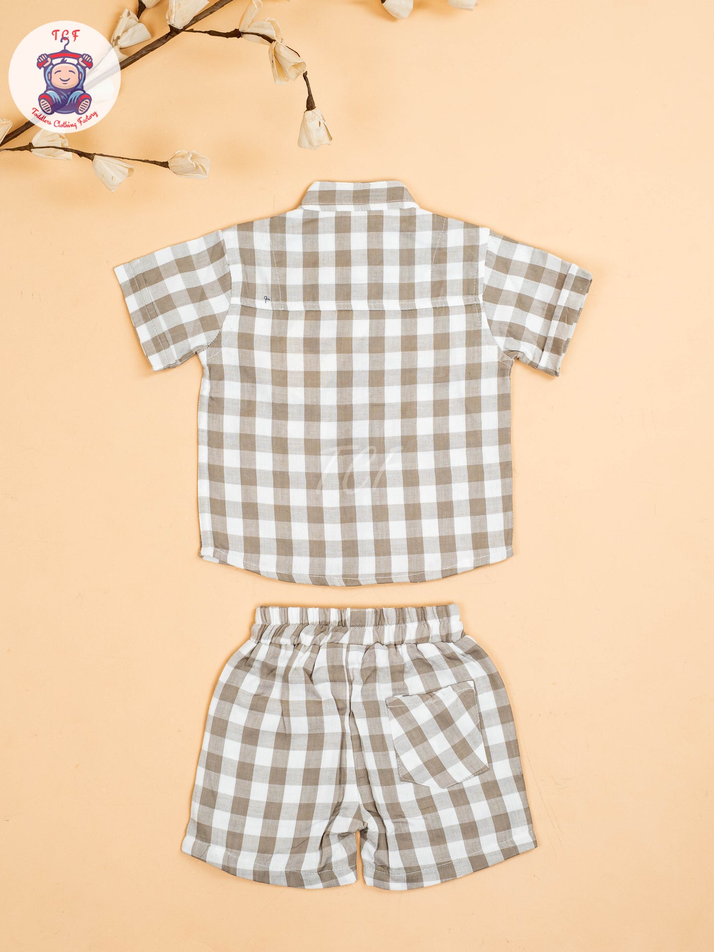 Grey & Beige - Boys Checks Printed Shirts & Shorts