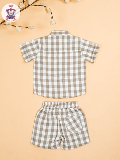 Grey & Beige - Boys Checks Printed Shirts & Shorts