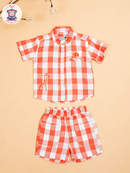 Rust & White - Boys Checks Printed Shirts & Shorts