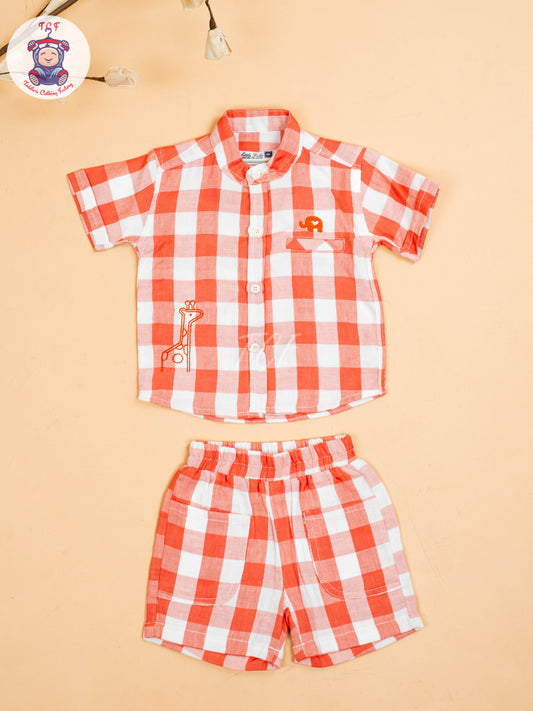 Rust & White - Boys Checks Printed Shirts & Shorts