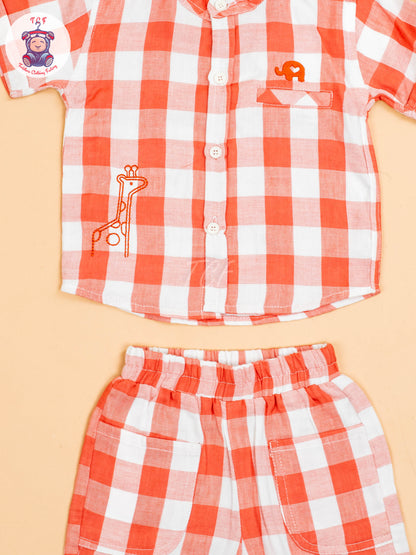 Rust & White - Boys Checks Printed Shirts & Shorts