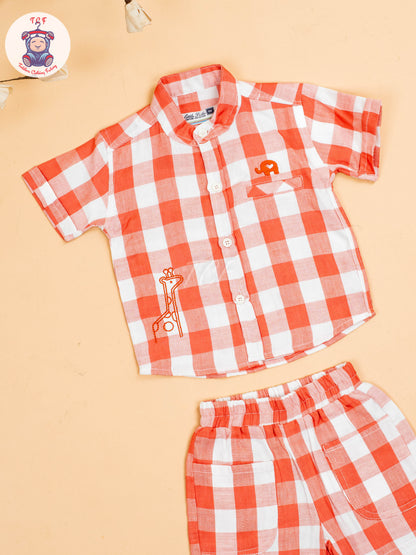 Rust & White - Boys Checks Printed Shirts & Shorts