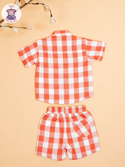 Rust & White - Boys Checks Printed Shirts & Shorts