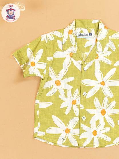 Light Green & White - Boys Floral Printed Shirts & Shorts