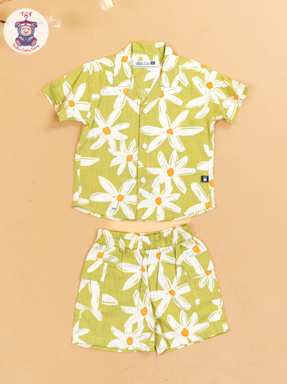 Light Green & White - Boys Floral Printed Shirts & Shorts