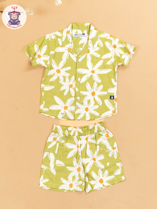 Light Green & White - Boys Floral Printed Shirts & Shorts