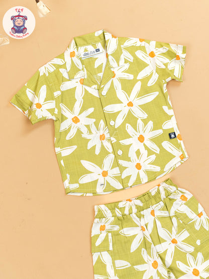 Light Green & White - Boys Floral Printed Shirts & Shorts