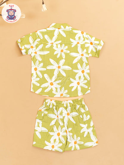 Light Green & White - Boys Floral Printed Shirts & Shorts